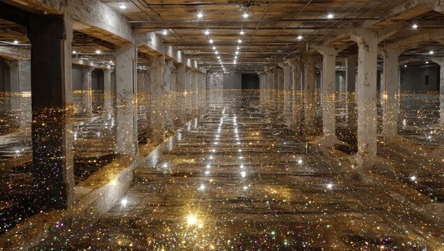 A vast, cavernous industrial space, its concrete pillars and floor shimmering with a dense scattering of golden and multicolored glitter, illuminated by artificial lights overhead - Powered by Adobe