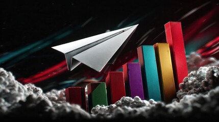 Business growth visualization with paper plane digital workspace infographic cloud background aerial view strategic planning