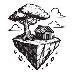 Floating Island with Tree and Cabin.