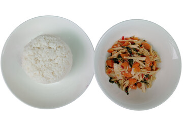 Plain rice with pickled bamboo shoots and basil, a healthy vegetarian dish. 