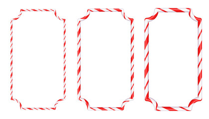 Rectangular Christmas frame with red and white striped lollipops. Festive border design with striped lollipop pattern. Empty festive template for Christmas and New Year. Vector on white background