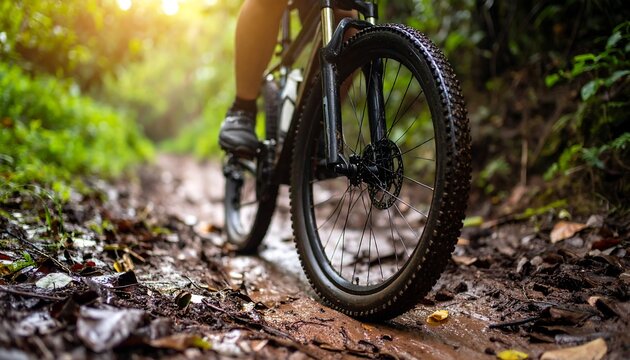 Close-up of muddy bicycle wheels after passing through a forest path, with the texture of soil and leaves sticking to it. - Powered by Adobe