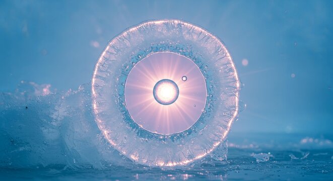 Luminous Ice Ring: Frozen Sunburst on Glacial Lake