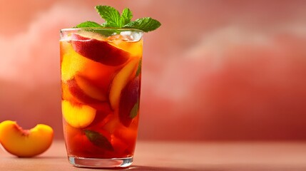 Naklejka premium Refreshing iced tea with peach slices and mint.