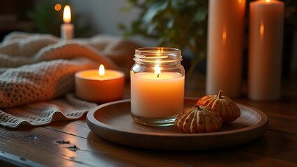 Simple Candle in Glass Jar on Wooden Tray with Cozy Decor