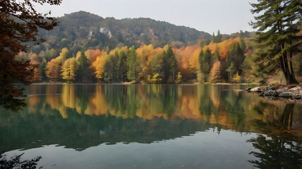 Peaceful lakeside in autumn with colorful foliage, golden trees, and serene reflections&mdash;capturing the calm beauty of fall by the water&rsquo;s edge in nature&rsquo;s embrace.