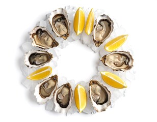 A dozen fresh raw oysters on the half shell with lemon wedges arranged in a circle on crushed ice. Gourmet seafood appetizer isolated on a white background.