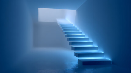 neon-blue floating stairs emerging from fogless void