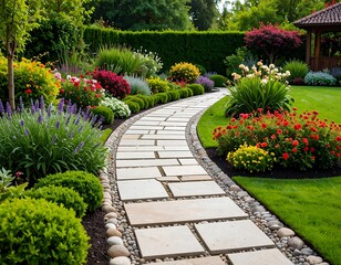 Obraz premium Beautiful garden path with colorful flowers and greenery
