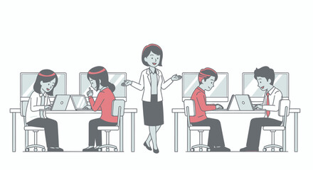 Outlined illustration of a diverse group of office workers engaged in various tasks at their desks.