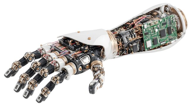 A high-tech bionic arm with intricate robotic components, showcasing advanced technology and innovation