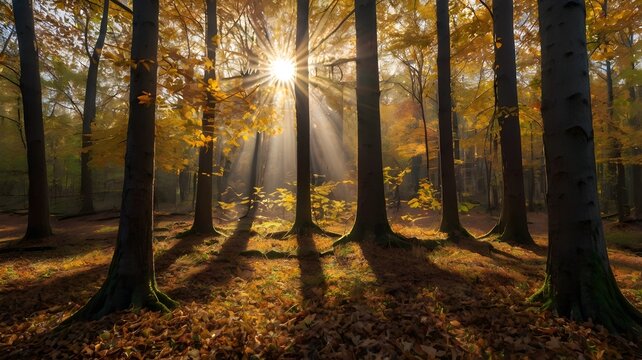 Sunburst shining through tall trees with vibrant autumn leaves scattered on the forest floor, creating a warm, glowing atmosphere that highlights the beauty of fall. - Powered by Adobe
