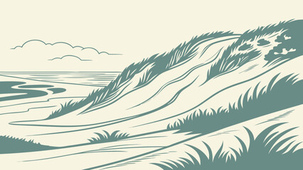 Coastal dune landscape drawing vector illustration with grass sea and clouds for nature background design
