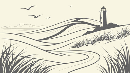 Fototapeta premium Lighthouse landscape vector illustration with birds flying over the ocean dunes and grass field view