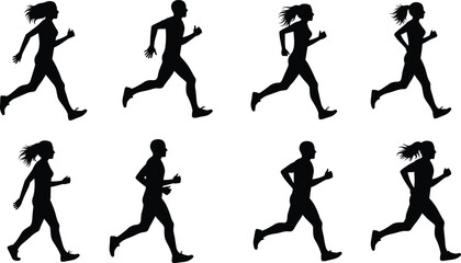 Running people silhouette vector, male female jogging poses, fitness workout outline design, side view runners illustration, editable cad drawing flat vector illustration