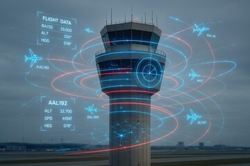 Air Traffic Control Tower with Aviation Data: A modern air traffic control tower oversees flight operations with data overlays.