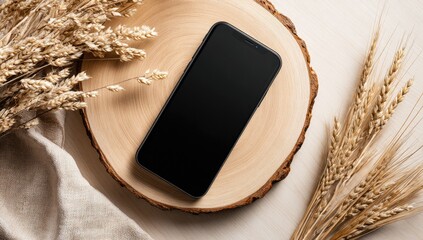 Flatlay of smartphone with blank screen on wooden slice, surrounded by dried wheat stalks and linen fabric on a light background