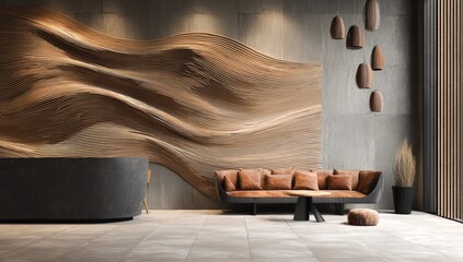 Modern lobby with a large, undulating wood-like wall feature, a curved reception desk, a low leather sofa, and minimalist d?cor