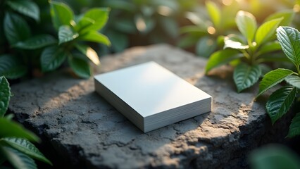 Business card mockup on textured stone with green leaves, natural branding concept
