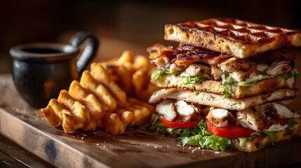 Generous Stacked Chicken and Bacon Club Sandwich on Waffle Bread with Waffle Fries and Dipping Sauce on a Wooden Board
