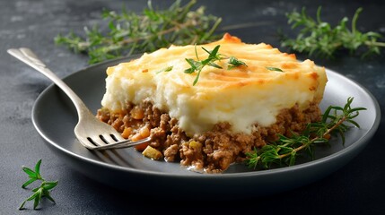 Aromatic Shepherd's Pie with Creamy Mashed Potatoes and Ground Beef on Dark Plate