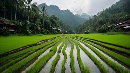 Lush Green Rice Paddy Field with Neat Rows under Bright Sky — Vibrant Agricultural Landscape Showcasing Rural Beauty, Farming Harmony, and Natural Abundance


