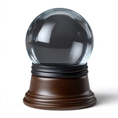 Mysterious crystal ball on a wooden stand against white background