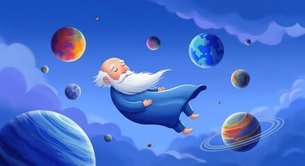 A peaceful, white-bearded old man floats through a dreamy, celestial landscape of clouds and colorful planets.