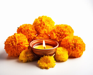 Happy Diwali - Clay Diya lamps lit during Dipavali, Hindu festival of lights celebration. Colorful traditional oil lamp diya with yellow flower on white background
