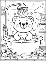 Printable animal-themed coloring page for kids and adults: Bear taking a bath
