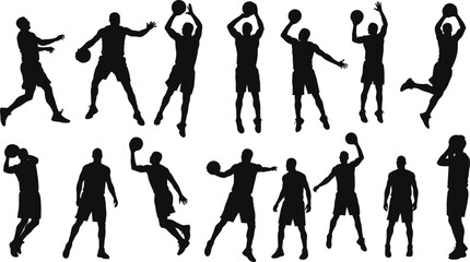 Basketball player silhouette vector, dynamic athlete action poses, slam dunk jump sketch, sports motion illustration, workout figure design, cad drawing flat vector illustration