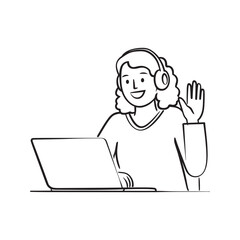 Woman with Headphones Waving During Video Call on Laptop. Hand-Drawn Illustration for Remote Work, Online Learning, and Virtual Communication
