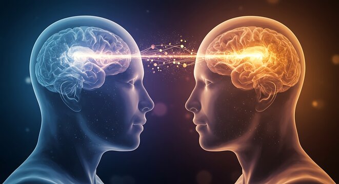 A conceptual illustration of telepathic communication, showing a luminous energy connection between two human brains.