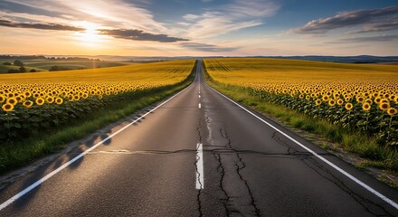 Idyllic Countryside Road Lined with Vibrant Sunflower Fields Under a Dramatic Sunset Sky Capturing the Essence of Rural Serenity and Endless Horizon Views