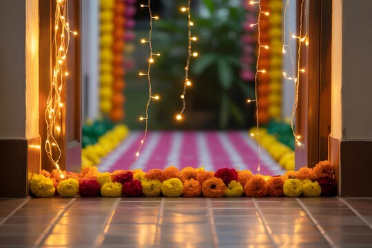 Festive indian doorway decorated with colorful marigold flowers and bright string lights, welcoming guests for a celebration