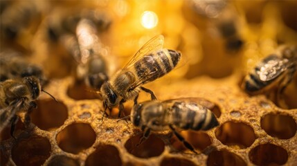 Close-up of a honeycomb structure with bees, showcasing golden tones and intricate natural details in macro perspective.