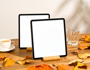Blank Tablet Screen Mockup On Wooden Table With Coffee, Glasses, And Dried Autumn Leaves