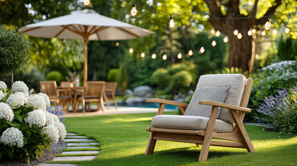 Obraz premium Wooden chaise longue and umbrella in the beautiful garden
