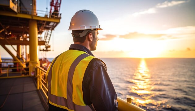 Offshore worker contemplates sunset over ocean from oil rig platform - Powered by Adobe