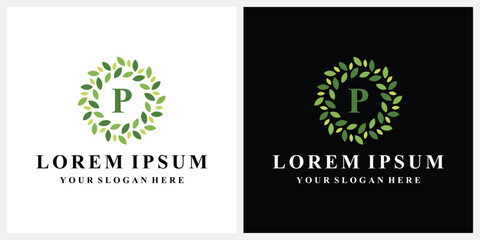 Initial letter P green leaves nature, symbol vector icon of beauty salon and wedding 