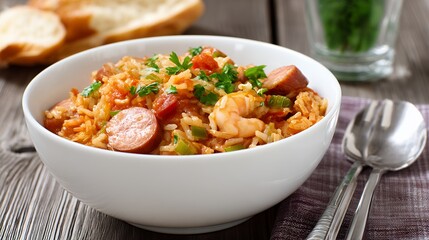 Closeup of a Bowl of Jambalaya with Shrimp and Sausage on a Rustic Wooden Table