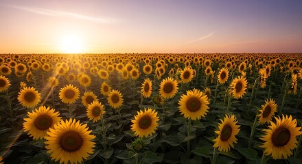 Fototapeta premium Vibrant Golden Sunflower Field at Sunrise with Endless Rows of Blossoming Yellow Flowers Under Clear Blue Sky Creating a Tranquil and Inspiring Agricultural Landscape