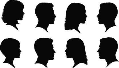 Male and female profile silhouettes, side view heads, people head silhouettes, black vector faces, human head profile, cad drawing flat vector illustration