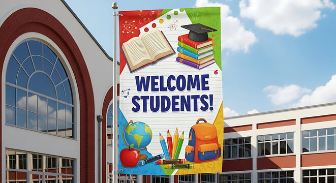 School building with welcome students banner ai generated