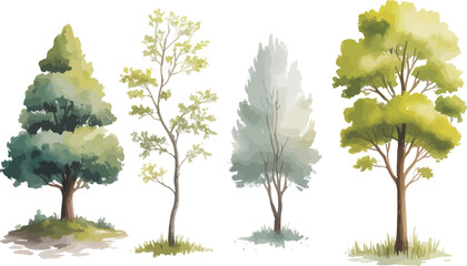 Obraz premium Vector illustration of four stylized watercolor trees in green and gray tones arranged in a horizontal line on a white background