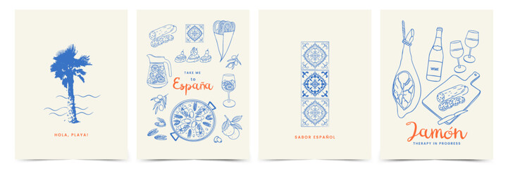 Summer abstract poster set with trendy hand drawn doodle elements and Mediterranean food. Spanish vacation line art for wall decor, branding, ads, print, card, cover, sale, discount, menus design.