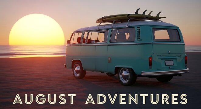 Vintage Green Camper Van with Surfboards at Sunset on a Tranquil Beach Capturing the Essence of Endless August Adventures and Nostalgic Summer Road Trips Across Scenic Coastal Landscapes
