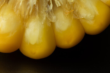 Extreme macro of juicy yellow corn kernels with delicate silk fibers against a deep black background