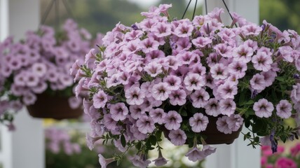 Fototapeta premium Trailing pink petunias in hanging basket display