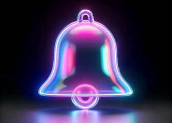 Shiny glass bell icon with vibrant neon outline and reflections on a dark studio background